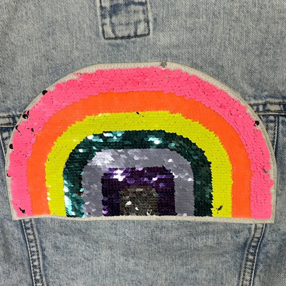 Gap Kids Denim Jacket Girls Size Large Rainbow Sequin‎ Patch Flip Sequins